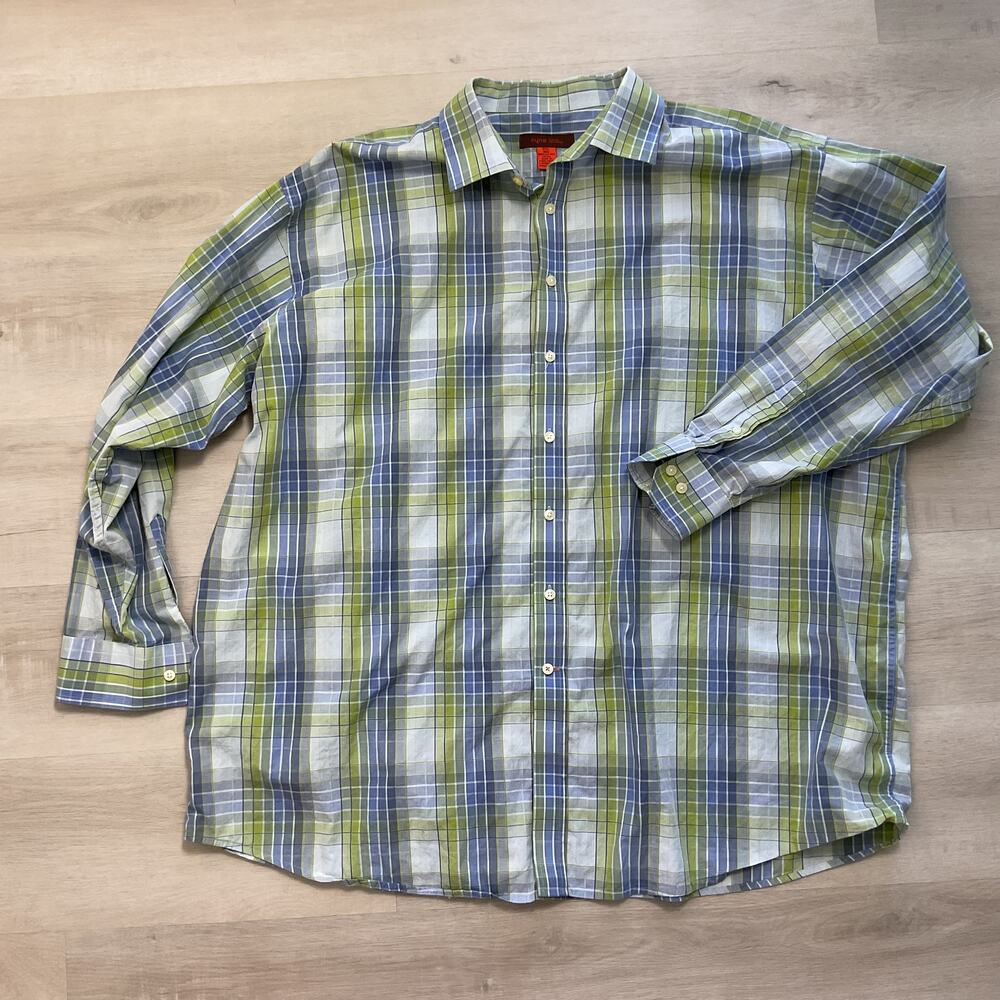 NYNE Mens Pure Cotton Button Down Long Sleeve Casual Shirt Green Plaid 3XL